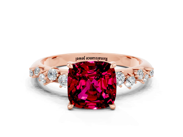 Rose gold Cushion Cut Garnet Cluster Side Stone Solitaire Ring with Prong Setting