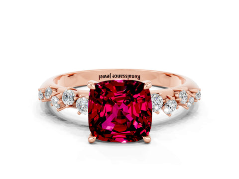 Rose gold Cushion Cut Garnet Cluster Side Stone Solitaire Ring with Prong Setting_24