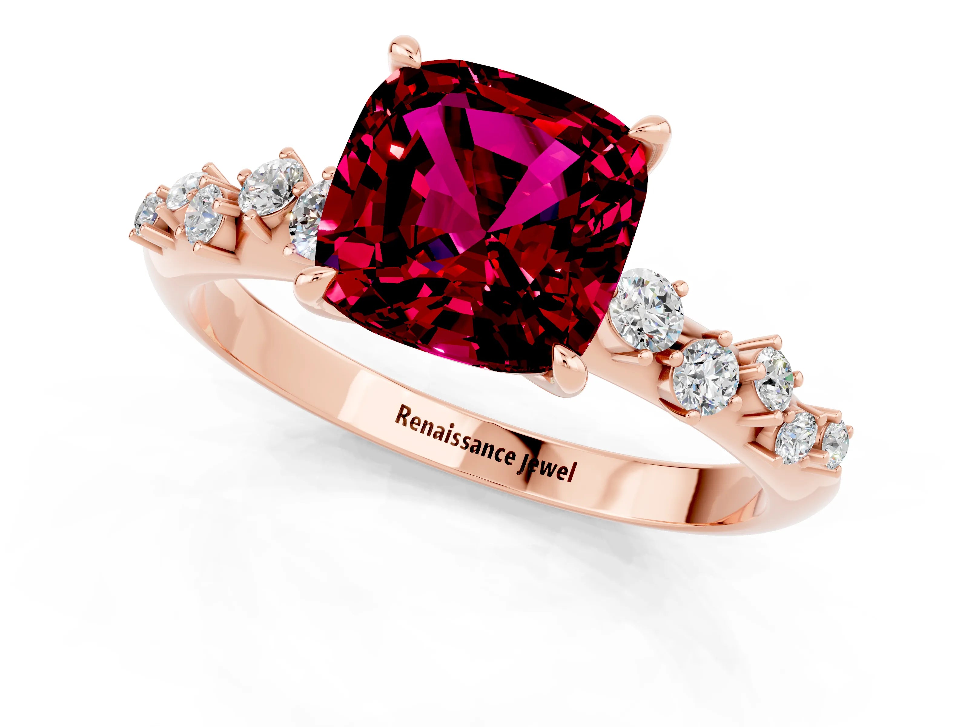 Rose gold Cushion Cut Garnet Cluster Side Stone Solitaire Ring with Prong Setting_25