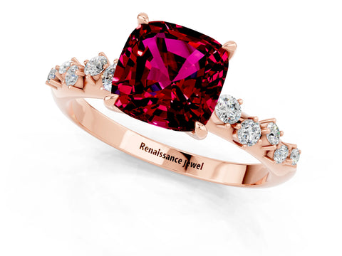 Rose gold Cushion Cut Garnet Cluster Side Stone Solitaire Ring with Prong Setting_25