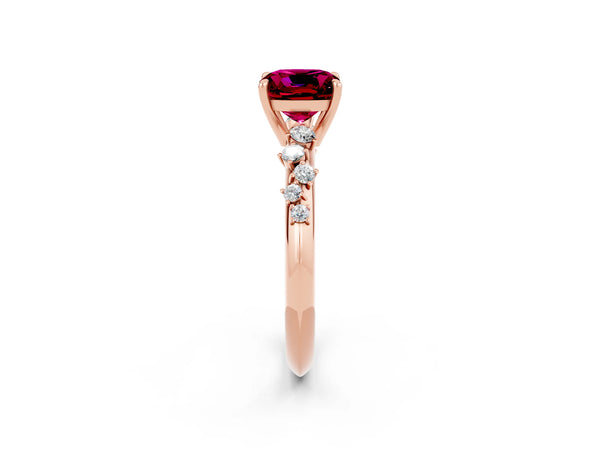 Rose gold Cushion Cut Garnet Cluster Side Stone Solitaire Ring with Prong Setting