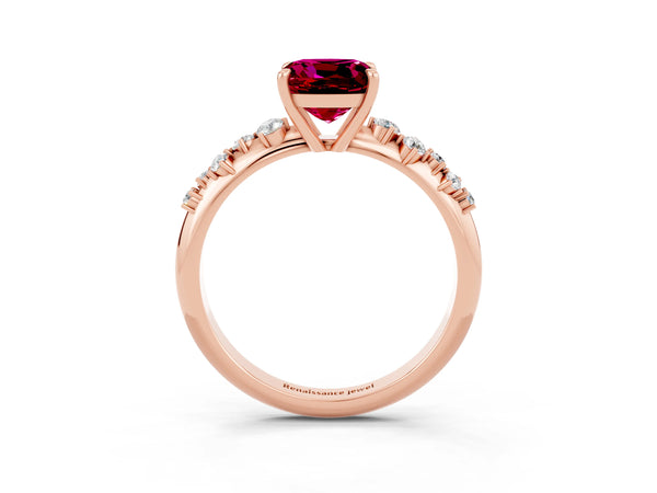 Rose gold Cushion Cut Garnet Cluster Side Stone Solitaire Ring with Prong Setting