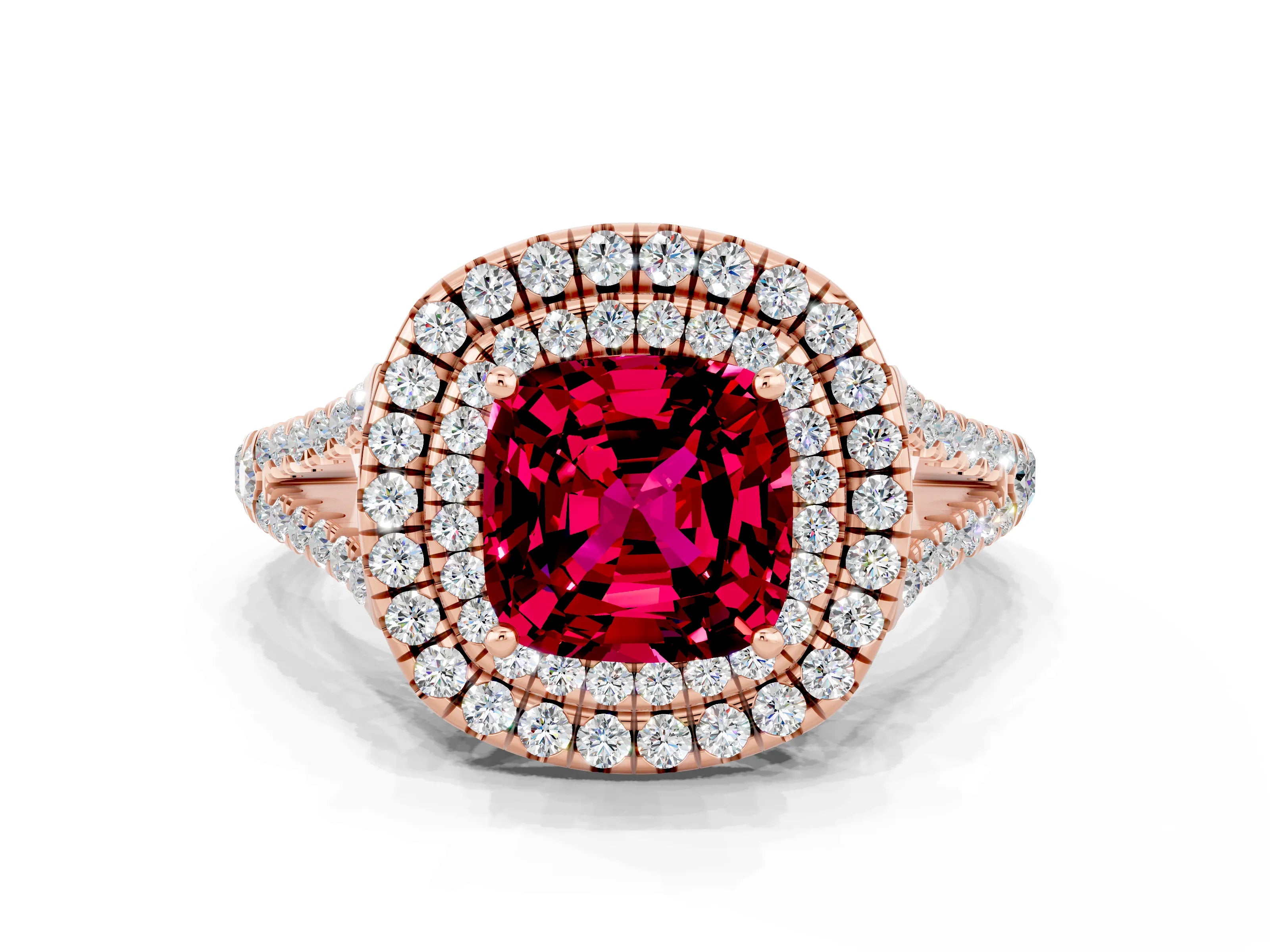 Rose gold Cushion Cut Garnet Double Halo Ring with Pavé Band and Prong Setting_12