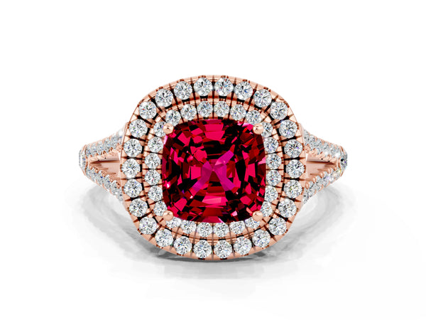 Rose gold Cushion Cut Garnet Double Halo Ring with Pavé Band and Prong Setting