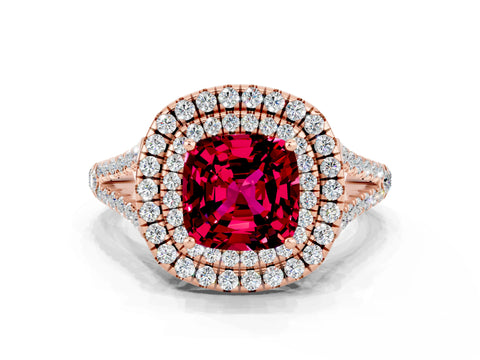 Rose gold Cushion Cut Garnet Double Halo Ring with Pavé Band and Prong Setting_12