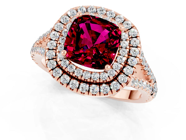 Rose gold Cushion Cut Garnet Double Halo Ring with Pavé Band and Prong Setting