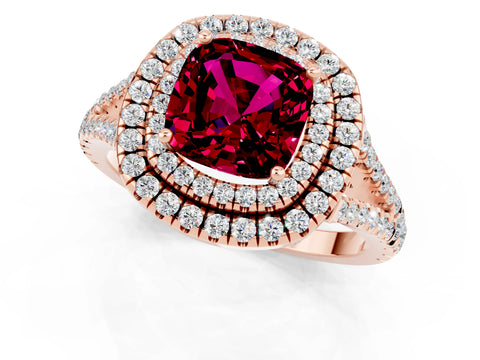 Rose gold Cushion Cut Garnet Double Halo Ring with Pavé Band and Prong Setting_13