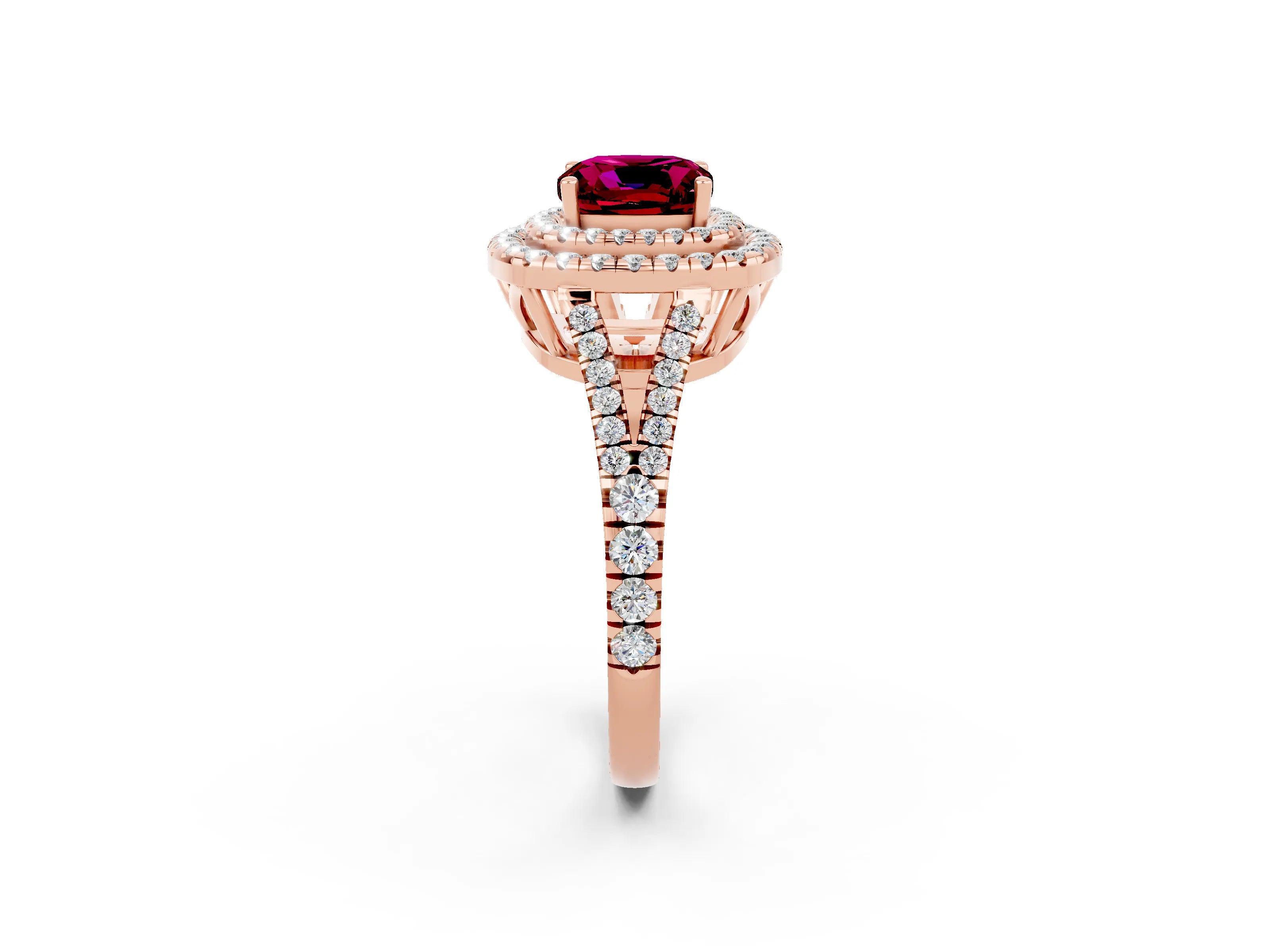 Rose gold Cushion Cut Garnet Double Halo Ring with Pavé Band and Prong Setting_14