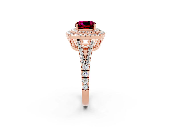 Rose gold Cushion Cut Garnet Double Halo Ring with Pavé Band and Prong Setting
