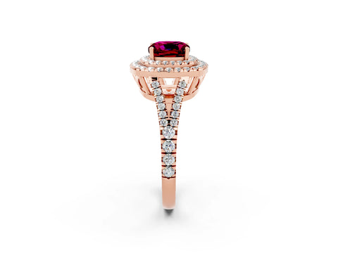 Rose gold Cushion Cut Garnet Double Halo Ring with Pavé Band and Prong Setting_14