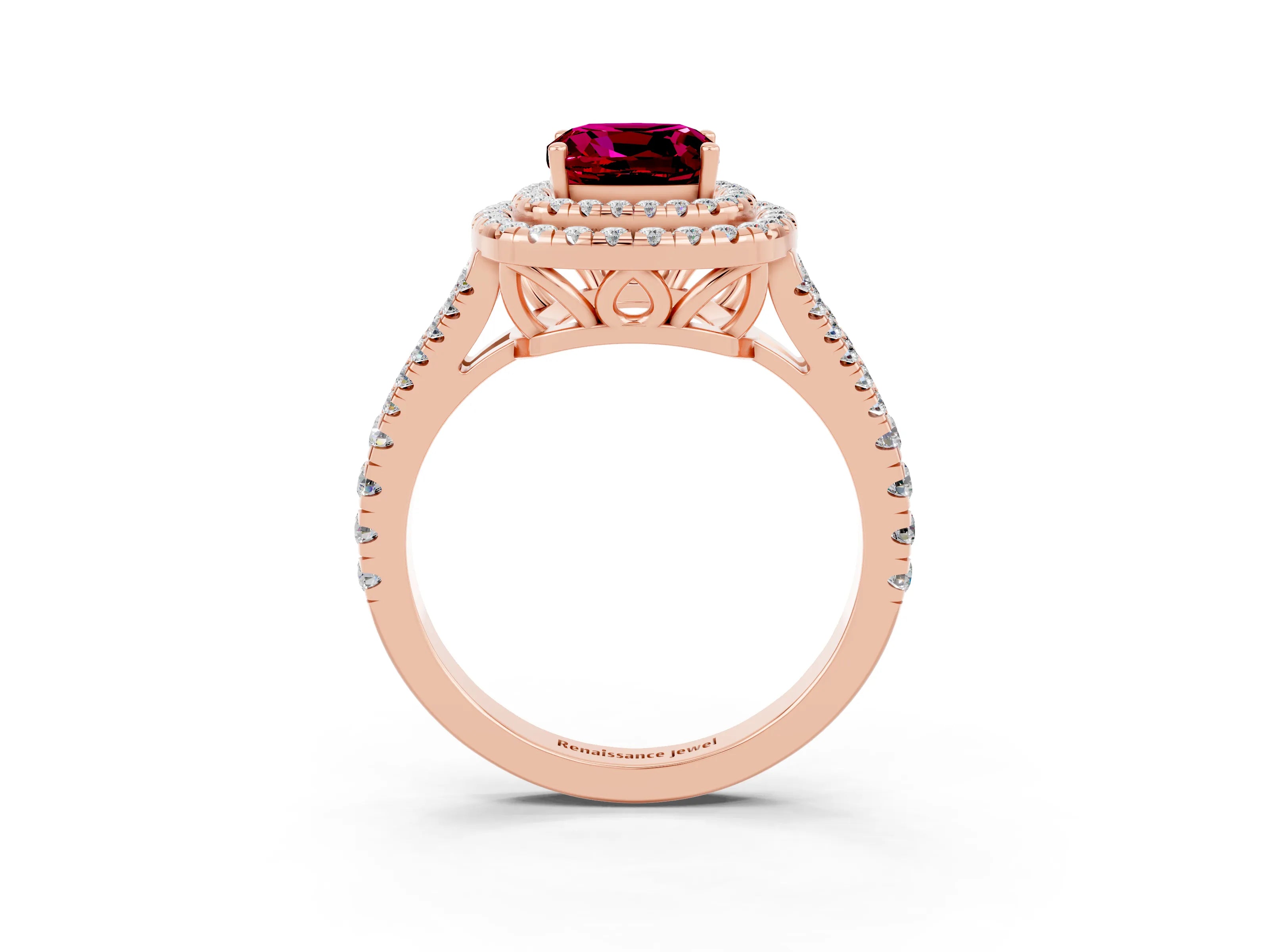 Rose gold Cushion Cut Garnet Double Halo Ring with Pavé Band and Prong Setting_15