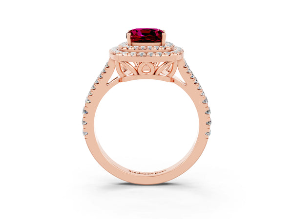 Rose gold Cushion Cut Garnet Double Halo Ring with Pavé Band and Prong Setting