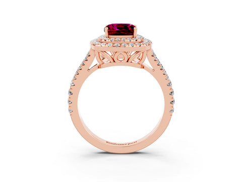 Rose gold Cushion Cut Garnet Double Halo Ring with Pavé Band and Prong Setting_15