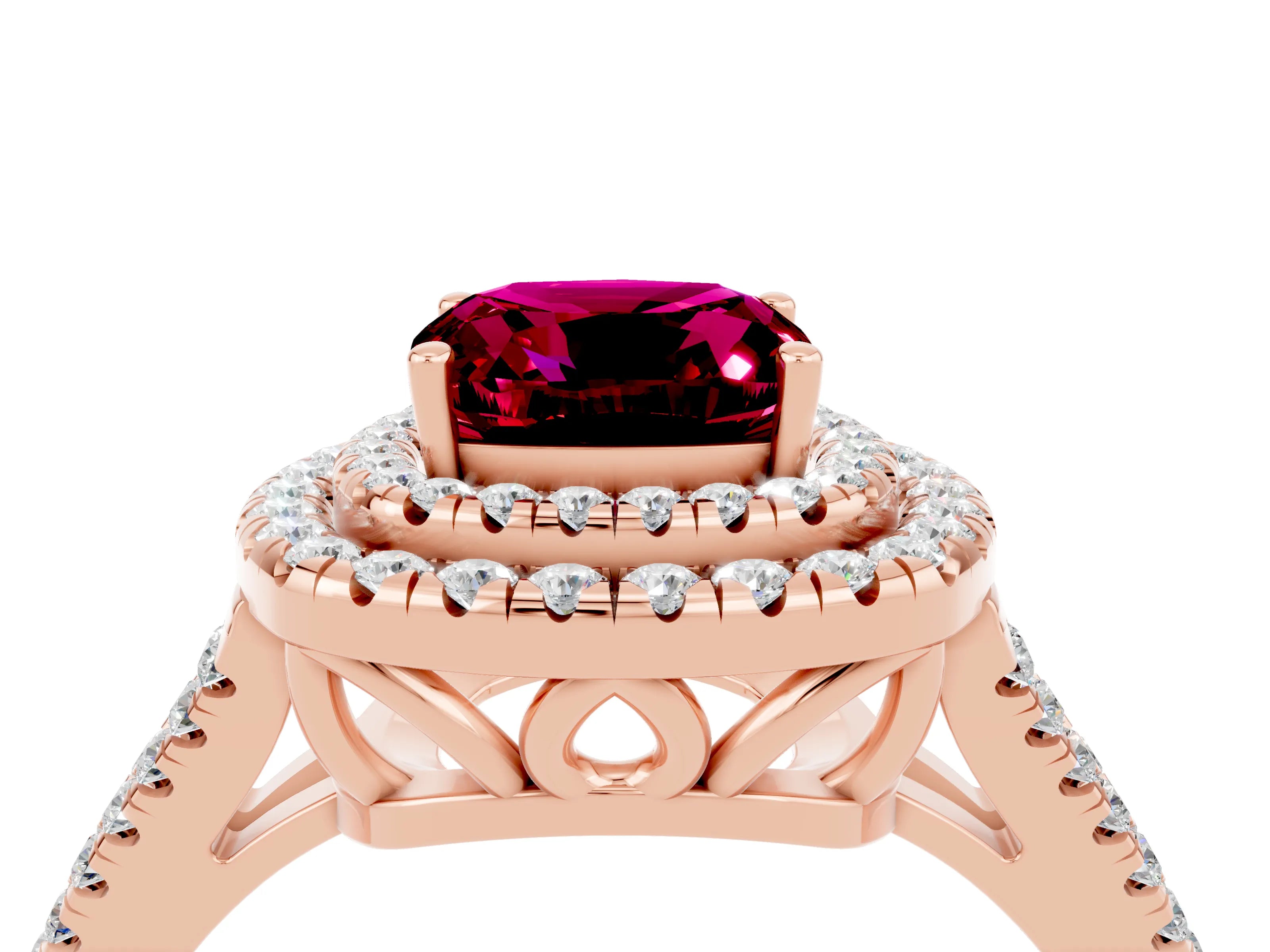 Rose gold Cushion Cut Garnet Double Halo Ring with Pavé Band and Prong Setting_16