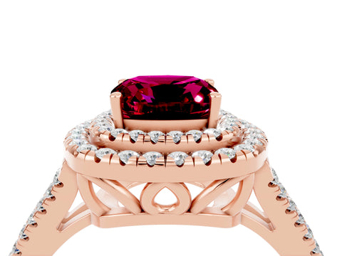 Rose gold Cushion Cut Garnet Double Halo Ring with Pavé Band and Prong Setting_16