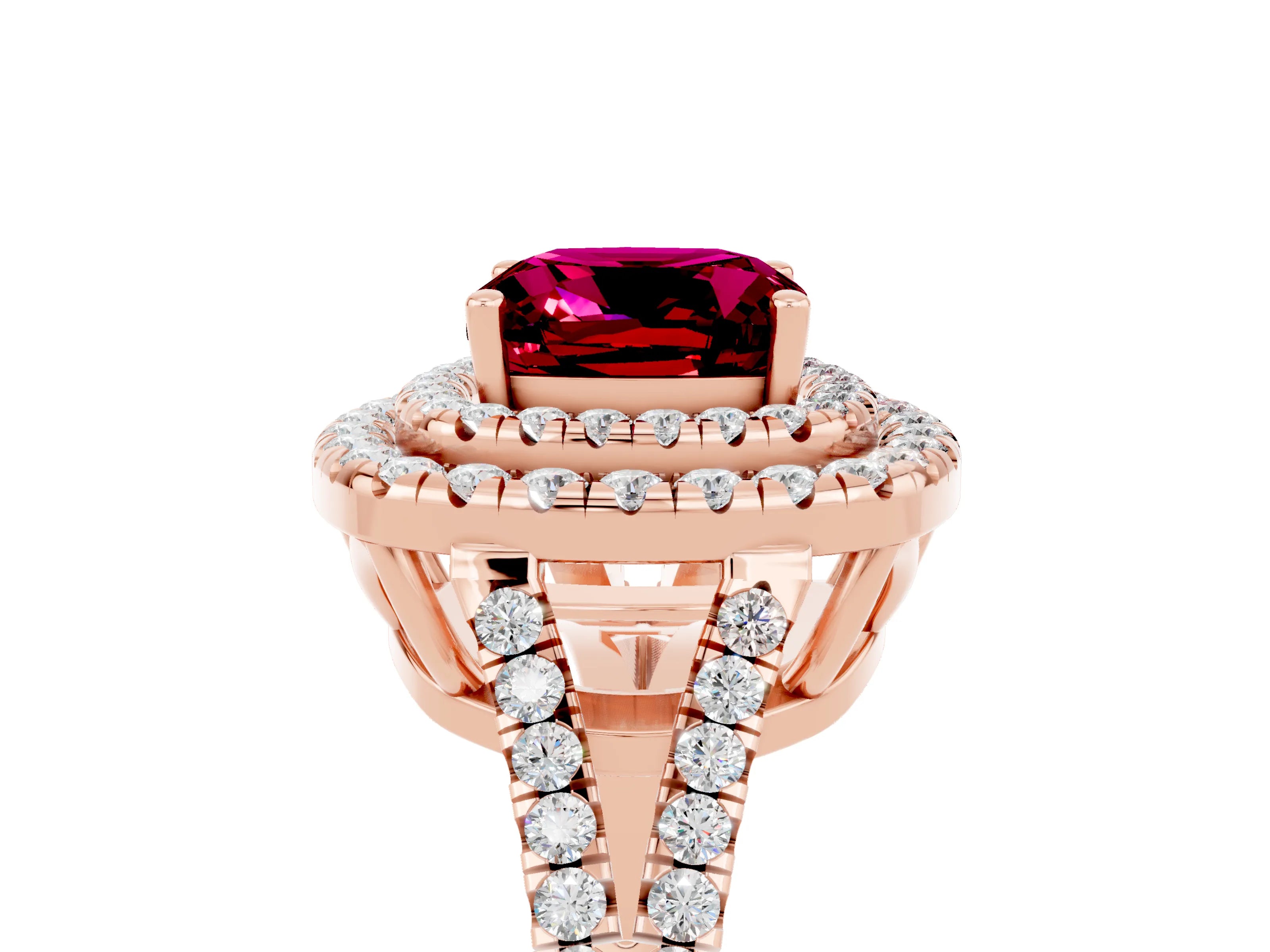 Rose gold Cushion Cut Garnet Double Halo Ring with Pavé Band and Prong Setting_17