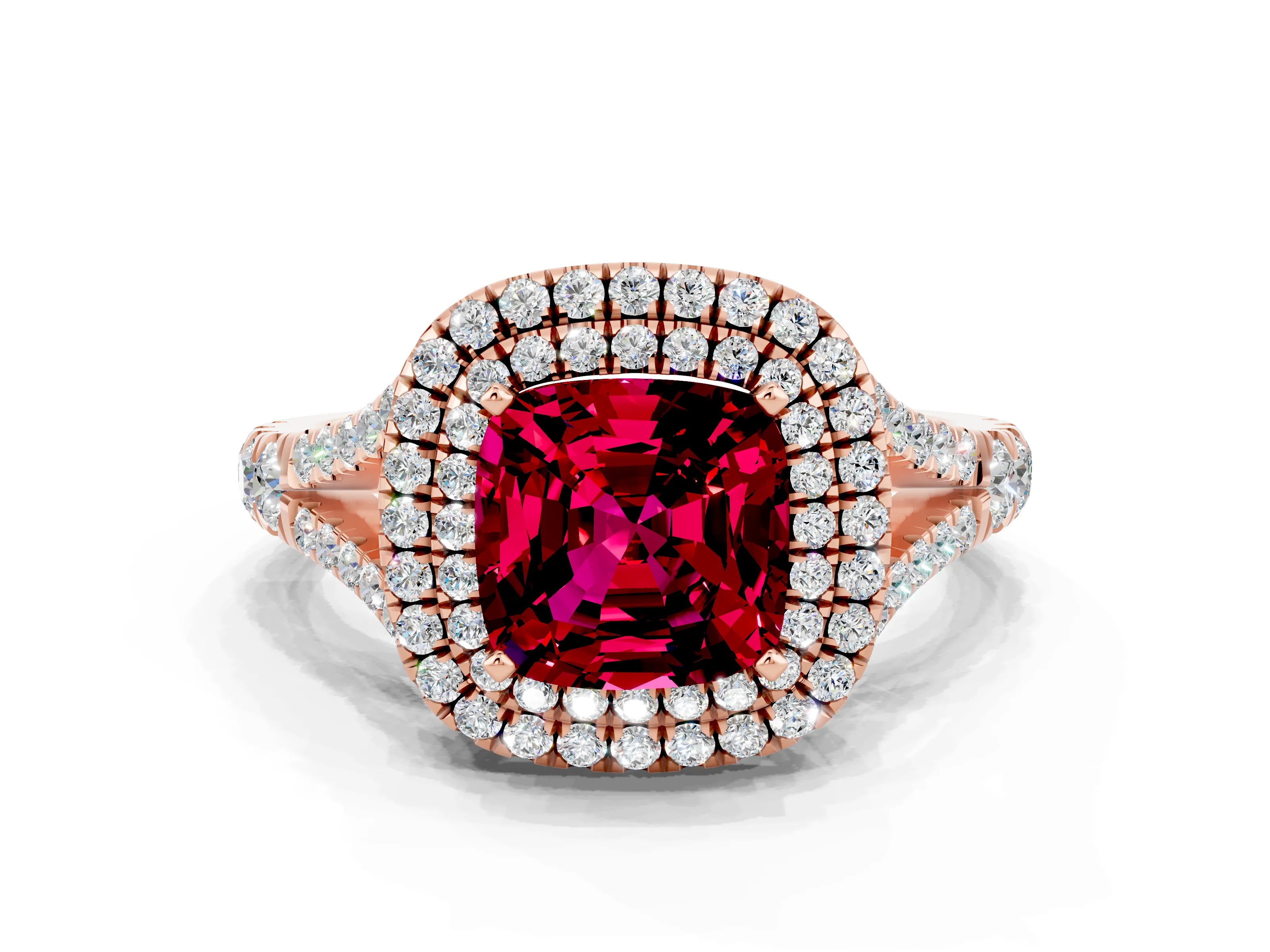 Rose gold Cushion Cut Garnet Double Halo Ring with Split Shank and Prong Setting_12
