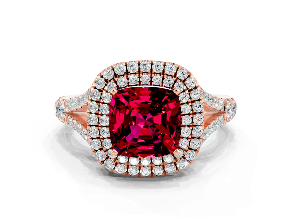 Rose gold Cushion Cut Garnet Double Halo Ring with Split Shank and Prong Setting