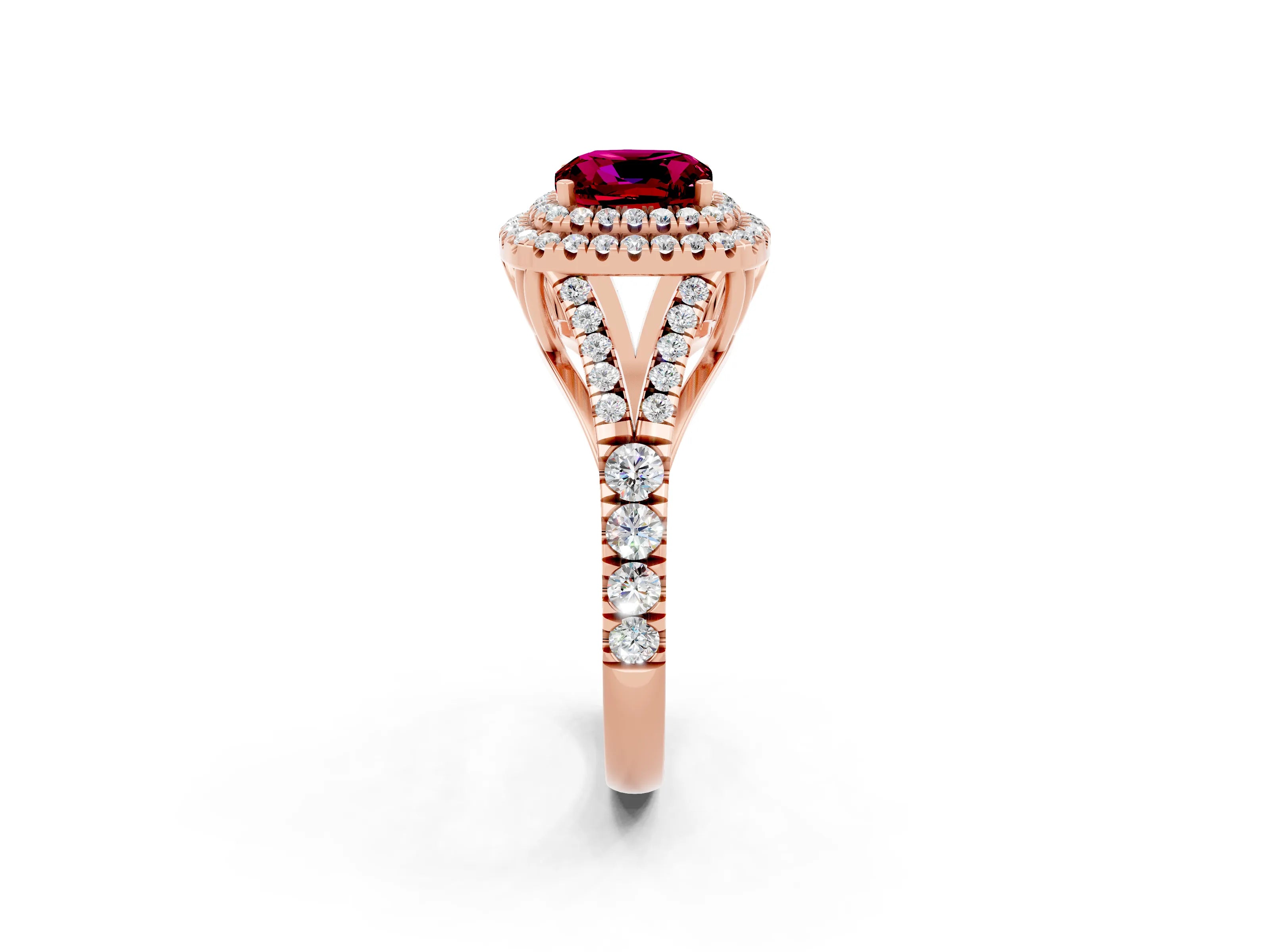 Rose gold Cushion Cut Garnet Double Halo Ring with Split Shank and Prong Setting_14