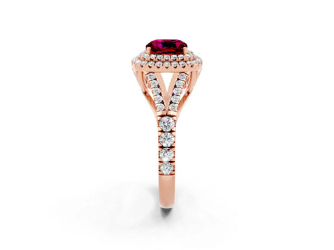 Rose gold Cushion Cut Garnet Double Halo Ring with Split Shank and Prong Setting_14