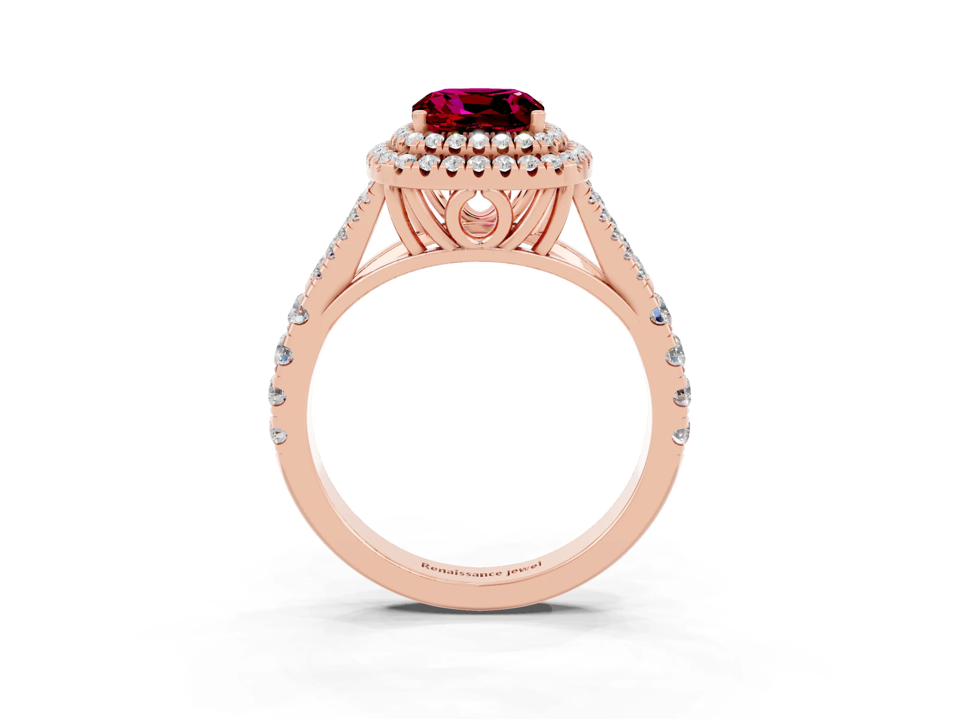 Rose gold Cushion Cut Garnet Double Halo Ring with Split Shank and Prong Setting_15