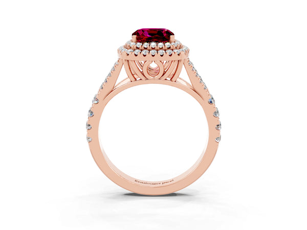 Rose gold Cushion Cut Garnet Double Halo Ring with Split Shank and Prong Setting
