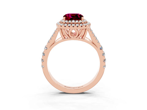 Rose gold Cushion Cut Garnet Double Halo Ring with Split Shank and Prong Setting_15
