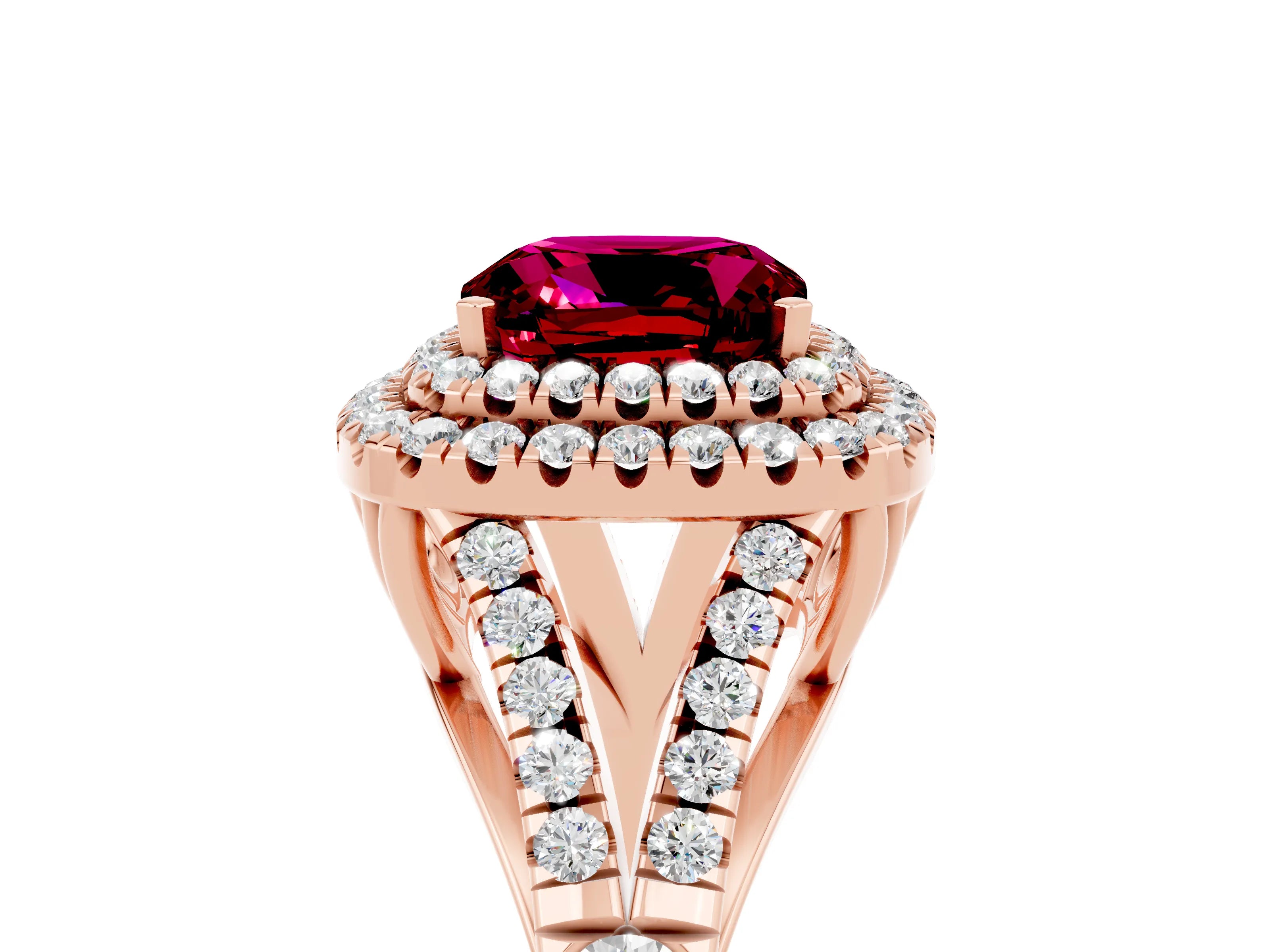 Rose gold Cushion Cut Garnet Double Halo Ring with Split Shank and Prong Setting_17