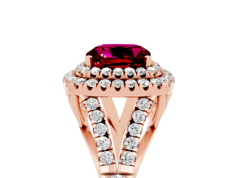 Rose gold Cushion Cut Garnet Double Halo Ring with Split Shank and Prong Setting_17