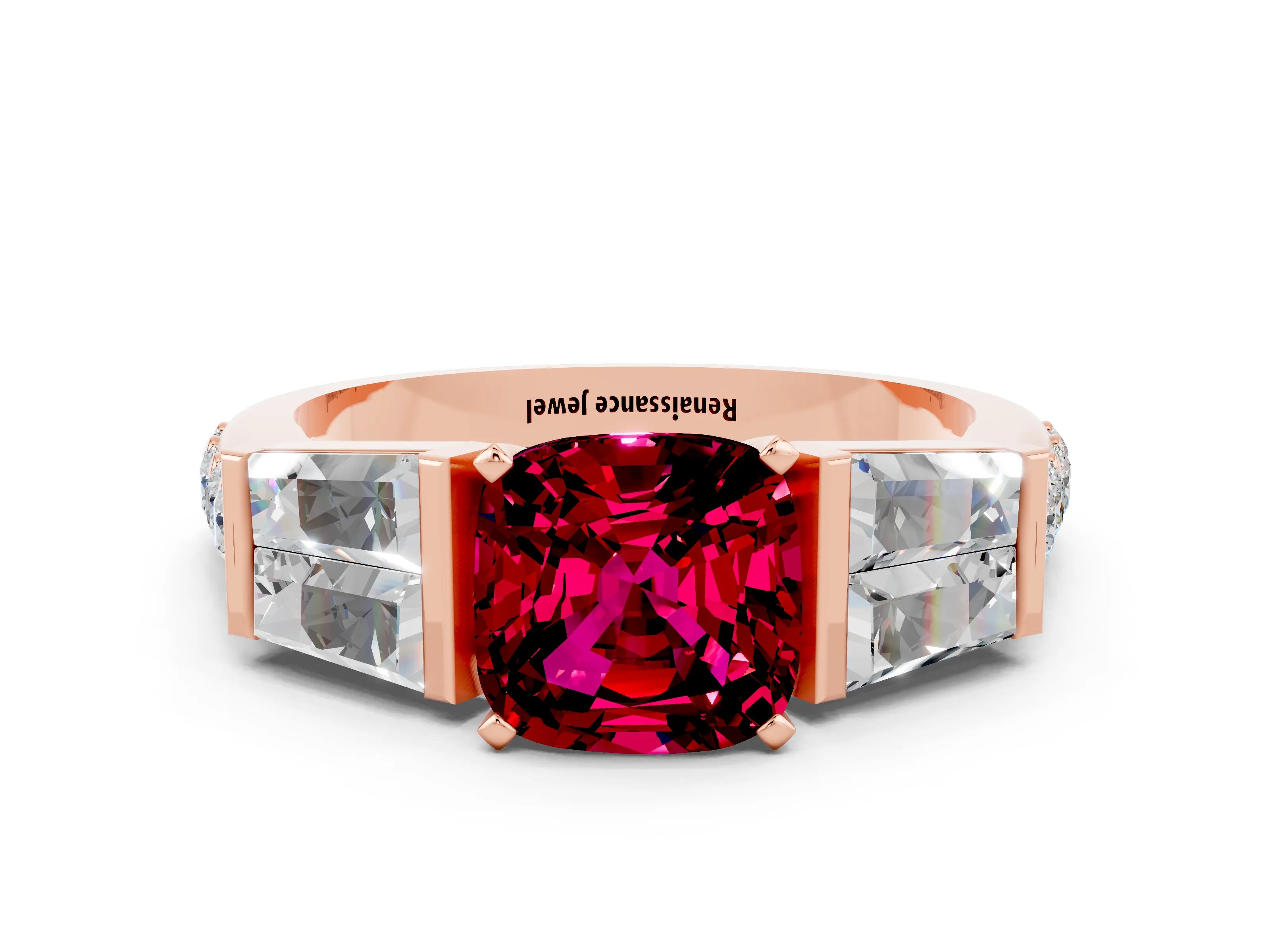 Rose gold Cushion Cut Garnet Engagement Ring with Baguette Side Stones and Channel Set Band