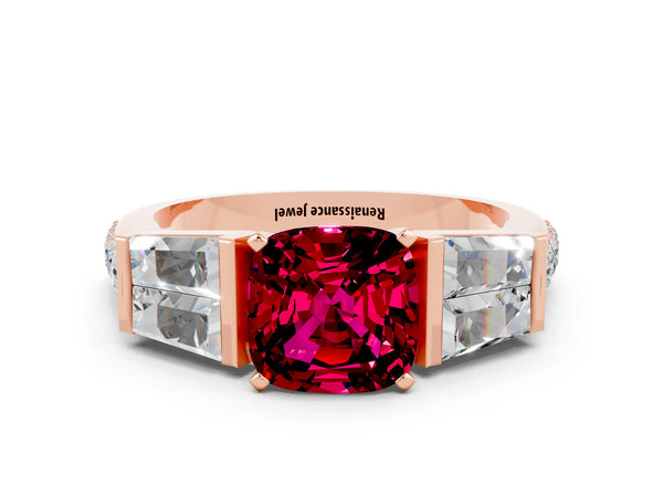 Rose gold Cushion Cut Garnet Engagement Ring with Baguette Side Stones and Channel Set Band