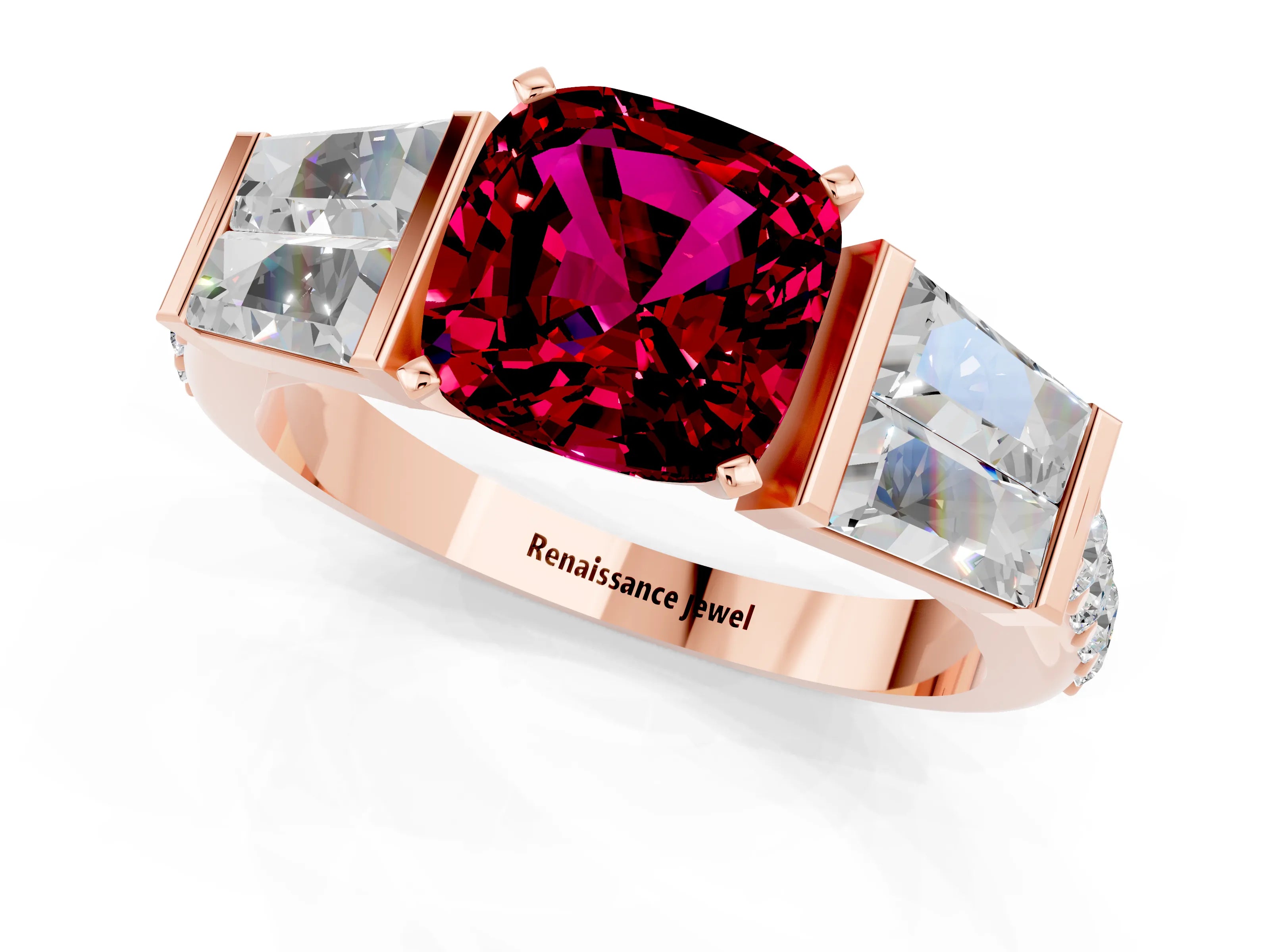 Rose gold Cushion Cut Garnet Engagement Ring with Baguette Side Stones and Channel Set Band_1