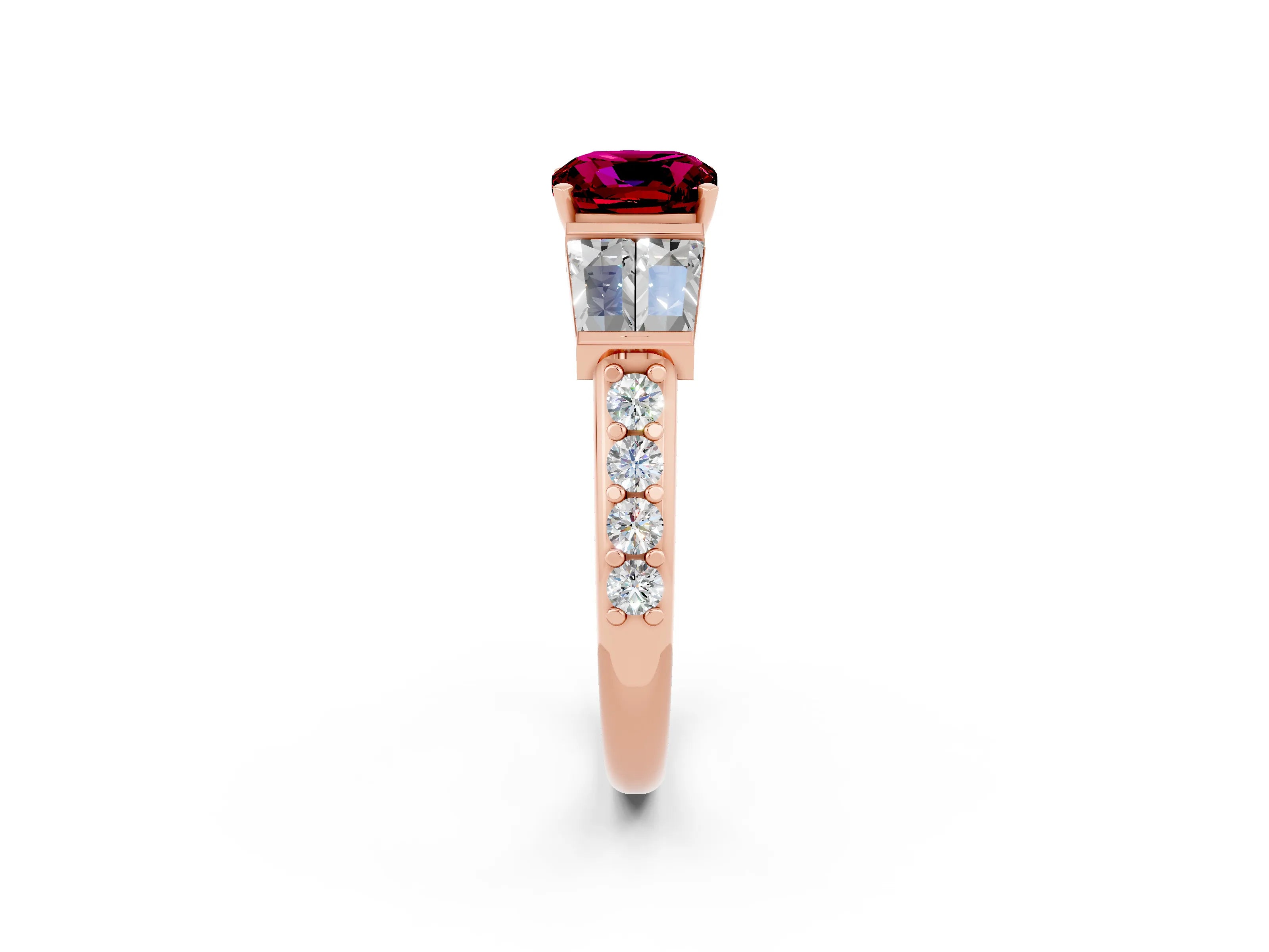 Rose gold Cushion Cut Garnet Engagement Ring with Baguette Side Stones and Channel Set Band_2