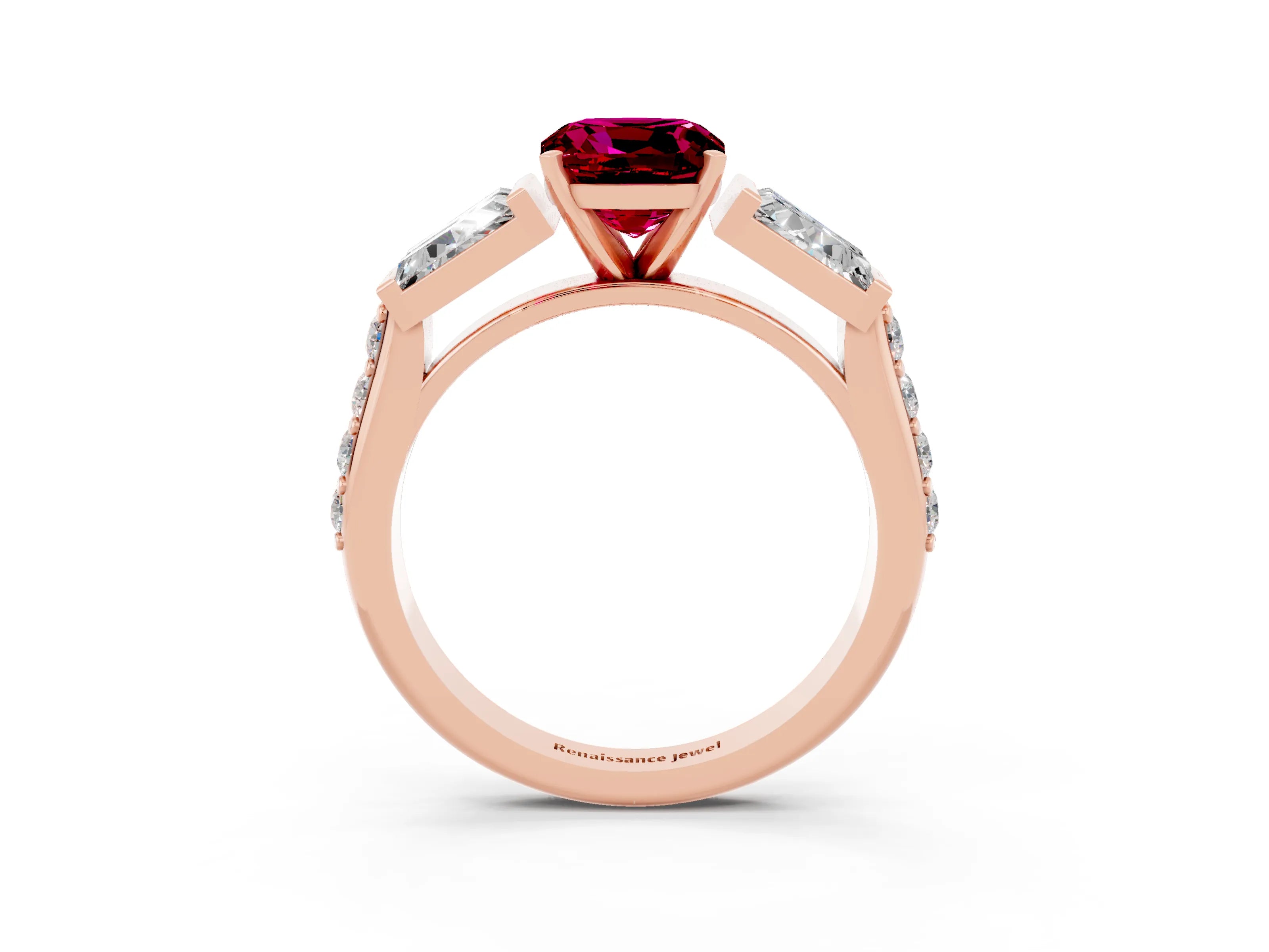 Rose gold Cushion Cut Garnet Engagement Ring with Baguette Side Stones and Channel Set Band_3