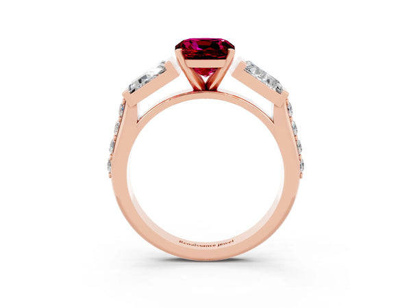 Rose gold Cushion Cut Garnet Engagement Ring with Baguette Side Stones and Channel Set Band