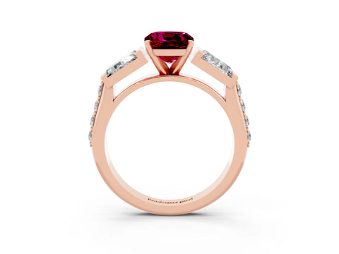 Rose gold Cushion Cut Garnet Engagement Ring with Baguette Side Stones and Channel Set Band_3