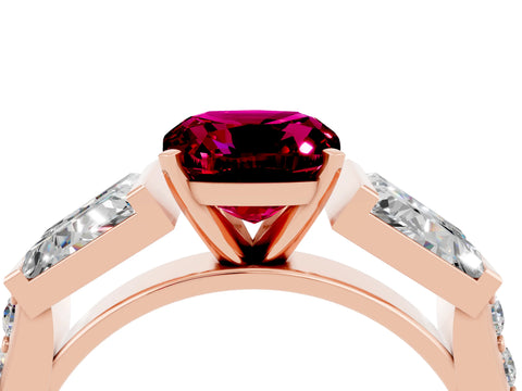 Rose gold Cushion Cut Garnet Engagement Ring with Baguette Side Stones and Channel Set Band_4