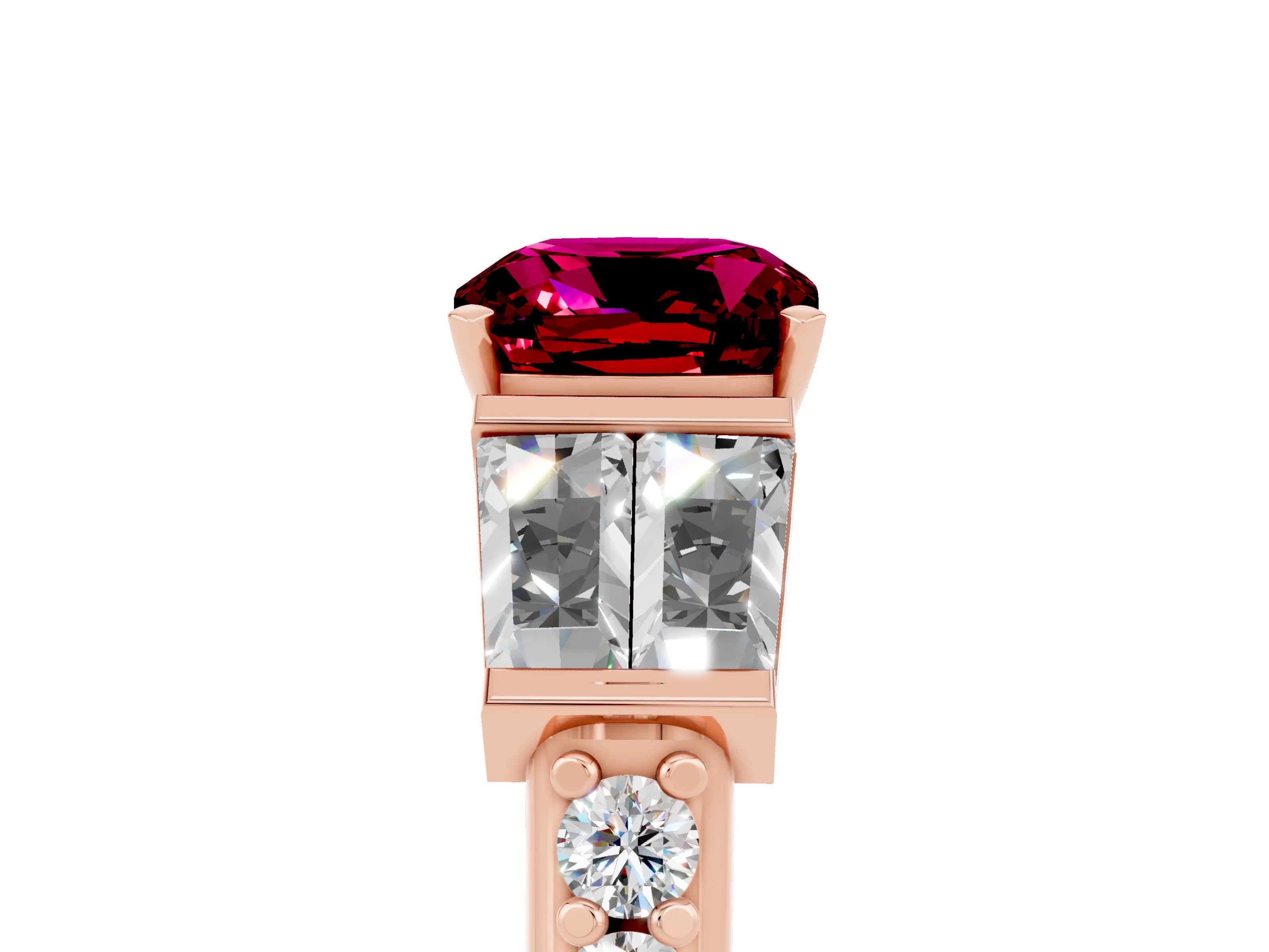 Rose gold Cushion Cut Garnet Engagement Ring with Baguette Side Stones and Channel Set Band_5