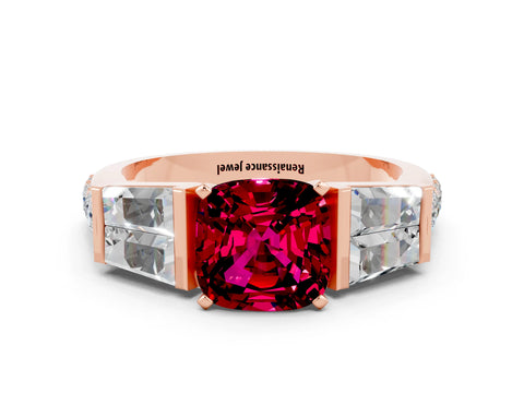 Rose gold Cushion Cut Garnet Engagement Ring with Baguette Side Stones and Channel Set Band