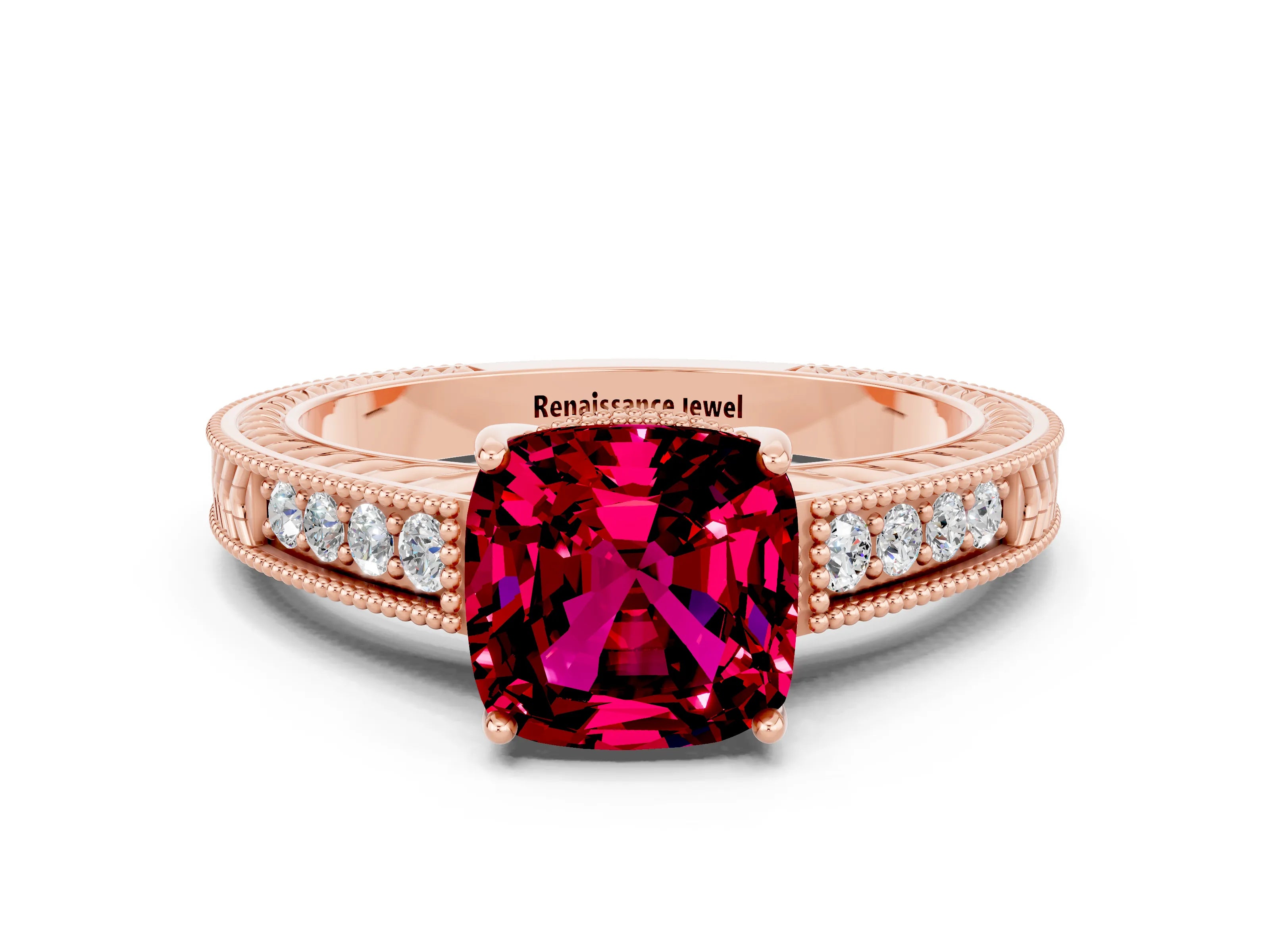 Rose gold Cushion Cut Garnet Engagement Ring with Milgrain Channel Set Band and Prong Setting