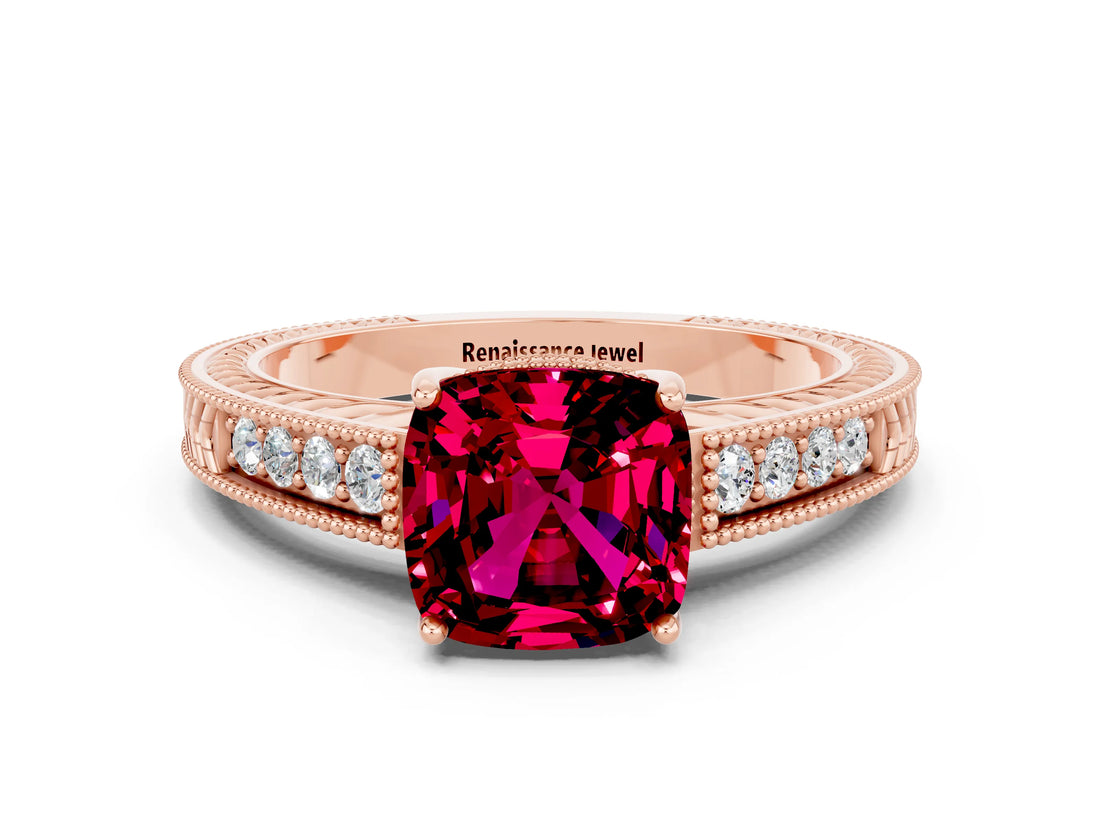 Rose gold Cushion Cut Garnet Engagement Ring with Milgrain Channel Set Band and Prong Setting