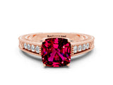 Rose gold Cushion Cut Garnet Engagement Ring with Milgrain Channel Set Band and Prong Setting