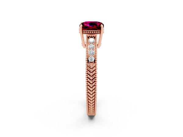 Rose gold Cushion Cut Garnet Engagement Ring with Milgrain Channel Set Band and Prong Setting