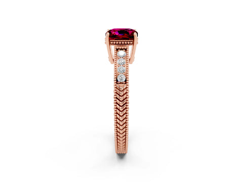 Rose gold Cushion Cut Garnet Engagement Ring with Milgrain Channel Set Band and Prong Setting_2