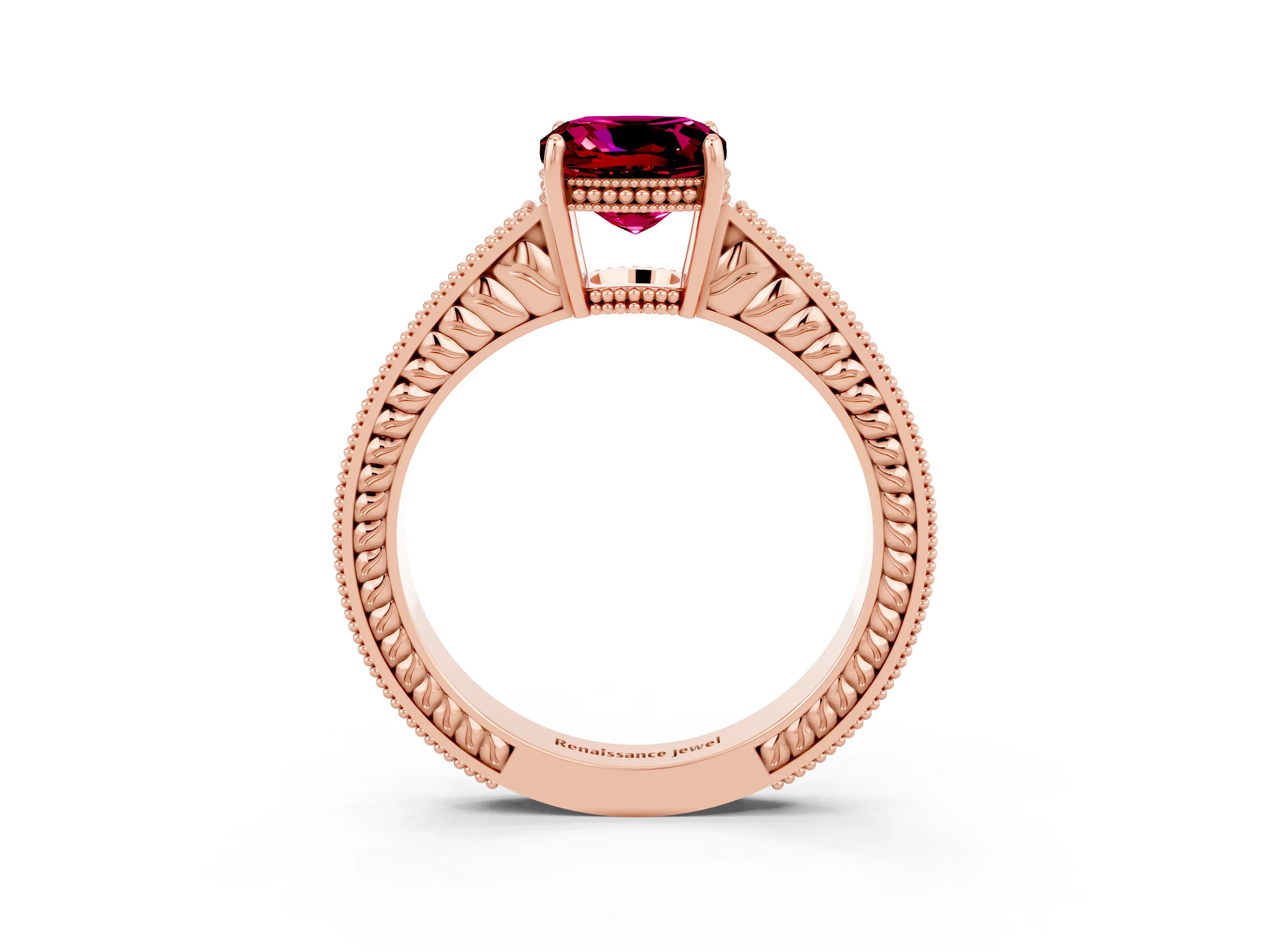 Rose gold Cushion Cut Garnet Engagement Ring with Milgrain Channel Set Band and Prong Setting_3