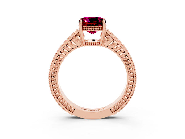 Rose gold Cushion Cut Garnet Engagement Ring with Milgrain Channel Set Band and Prong Setting