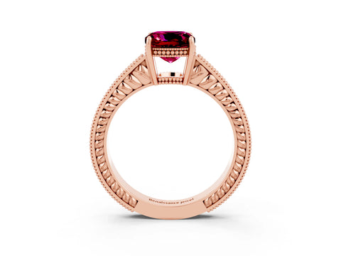 Rose gold Cushion Cut Garnet Engagement Ring with Milgrain Channel Set Band and Prong Setting_3