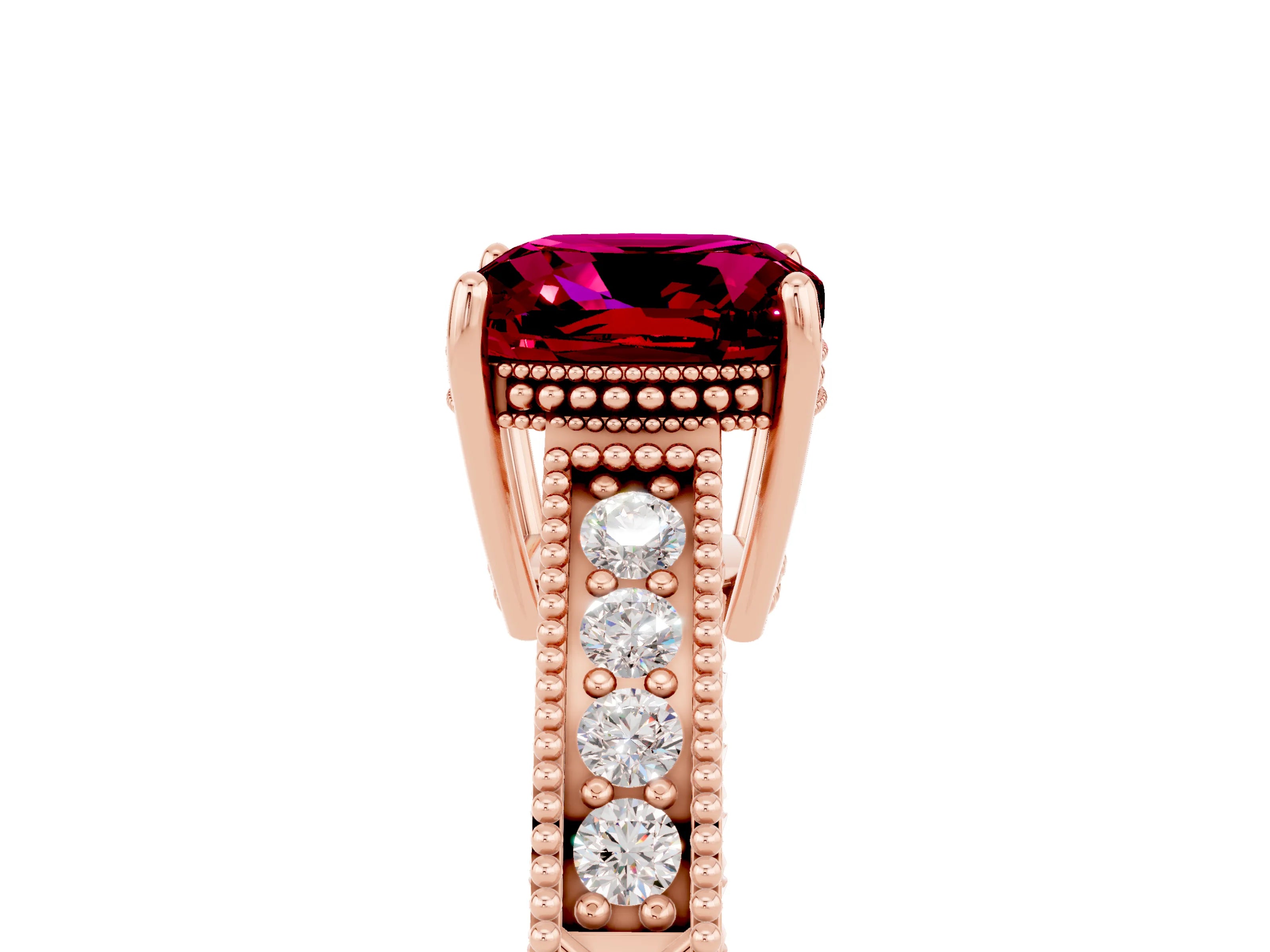 Rose gold Cushion Cut Garnet Engagement Ring with Milgrain Channel Set Band and Prong Setting_5