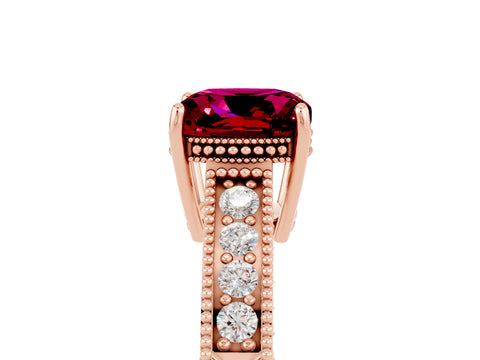 Rose gold Cushion Cut Garnet Engagement Ring with Milgrain Channel Set Band and Prong Setting_5