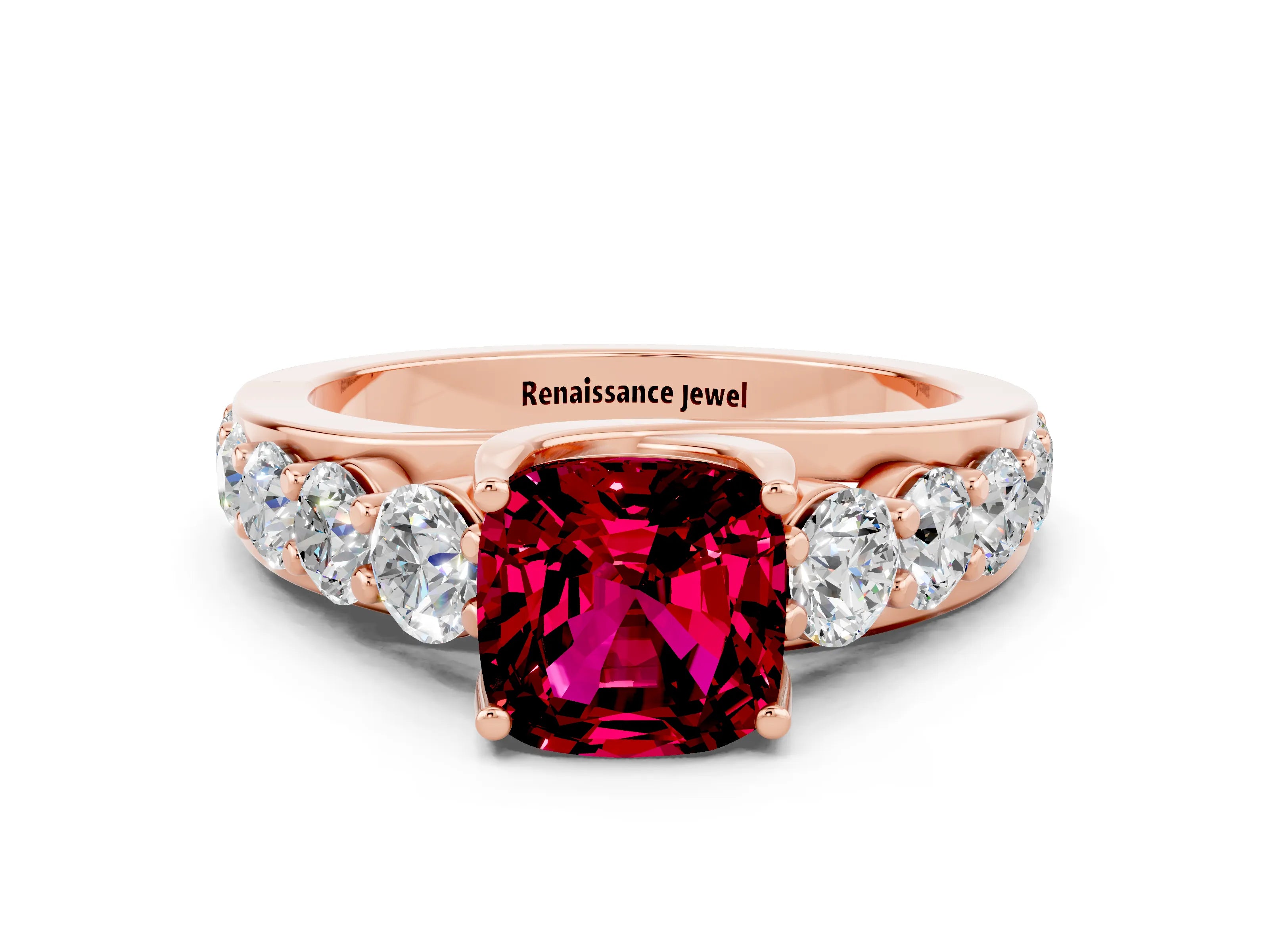 Rose gold Cushion Cut Garnet Engagement Ring with Pavé Band and Four-Prong Setting